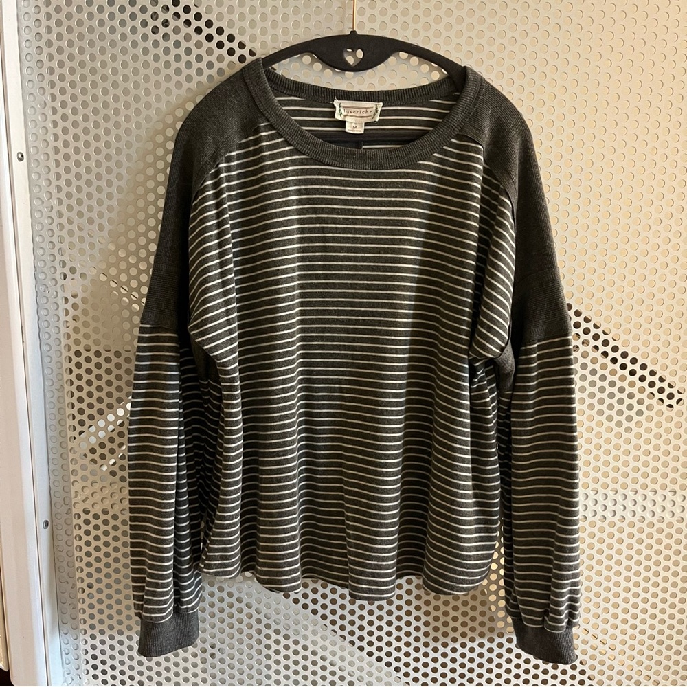 Love Riche Round Neck Sweater Statement Sleeves Size Medium Grey White Stripes
